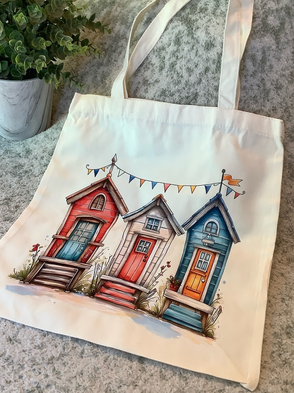 Summer Beach House Cotton Canvas Tote NWT 13.75” x 15.25”.
